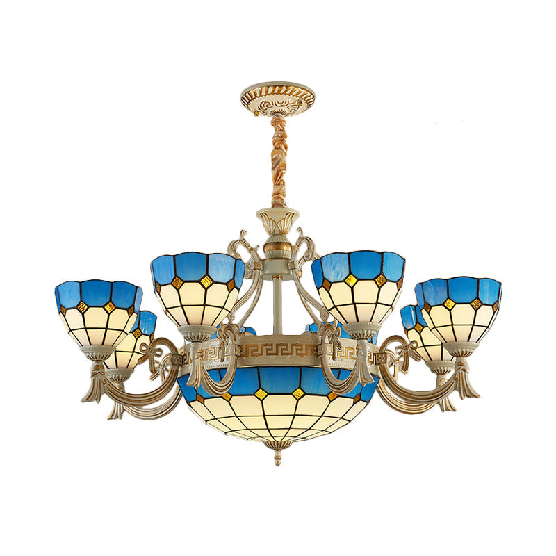 Mediterranean Domed Chandelier - 6/8 Lights Stained Glass Ceiling Lamp In Blue For Bedroom