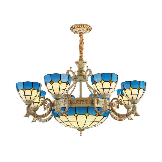 Mediterranean Domed Chandelier - 6/8 Lights Stained Glass Ceiling Lamp In Blue For Bedroom