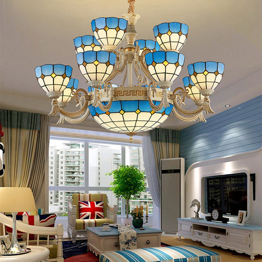 Blue Stained Glass Tiered Chandelier with 15 Lights for Living Room