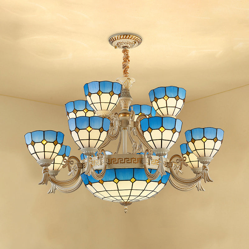 Blue Stained Glass Tiered Chandelier with 15 Lights for Living Room