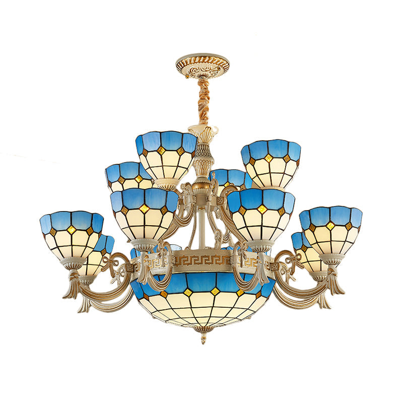 Blue Stained Glass Tiered Chandelier with 15 Lights for Living Room