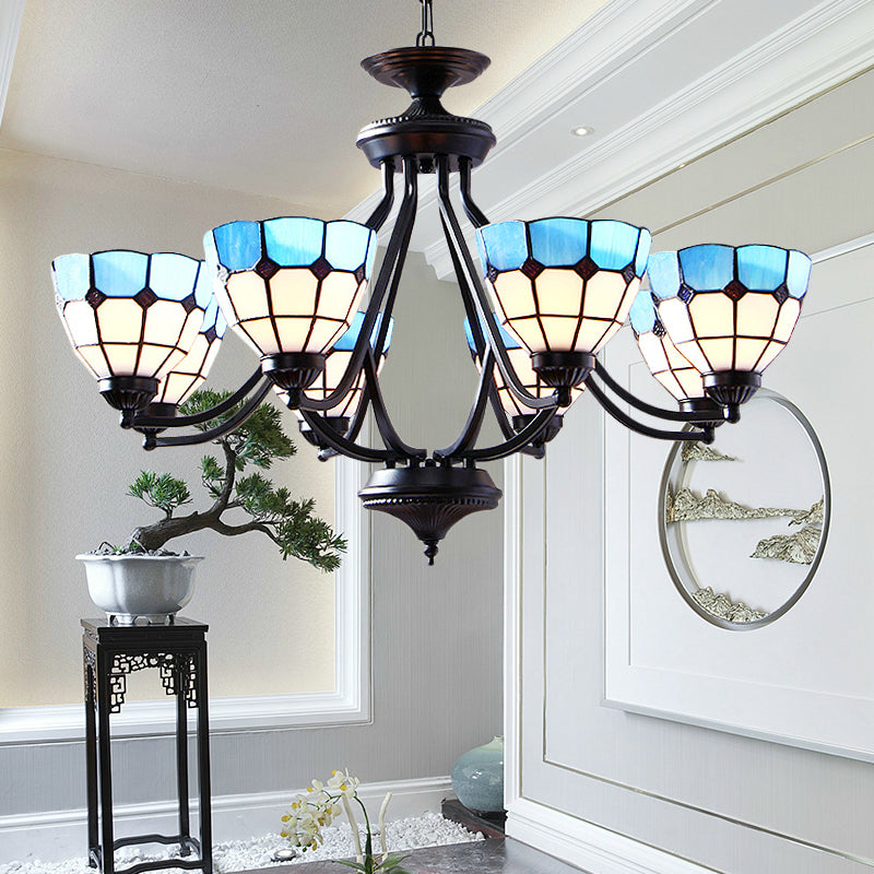 Blue Bowl Shade Tiffany Pendant Light - 6/8-Light Upward Chandelier With Stained Glass 8 /