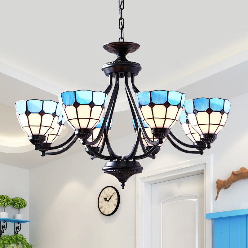 Blue Bowl Shade Tiffany Pendant Light - 6/8-Light Upward Chandelier With Stained Glass