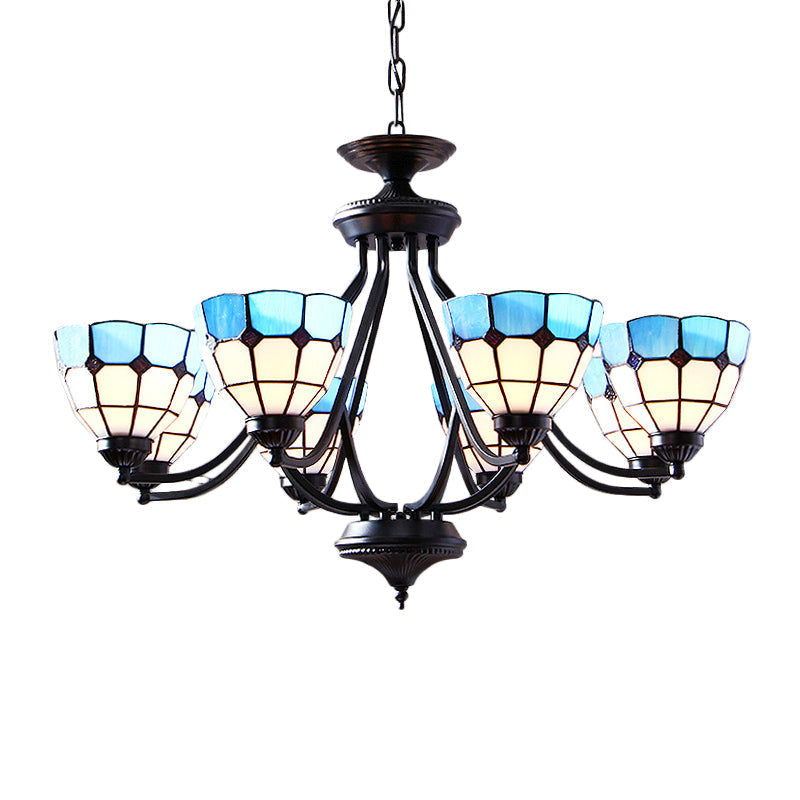 Blue Bowl Shade Tiffany Pendant Light - 6/8-Light Upward Chandelier With Stained Glass