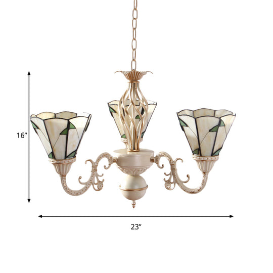 Lodge Conical Pendant Light - Adjustable Chain, 3-Light Beige Stained Glass Chandelier