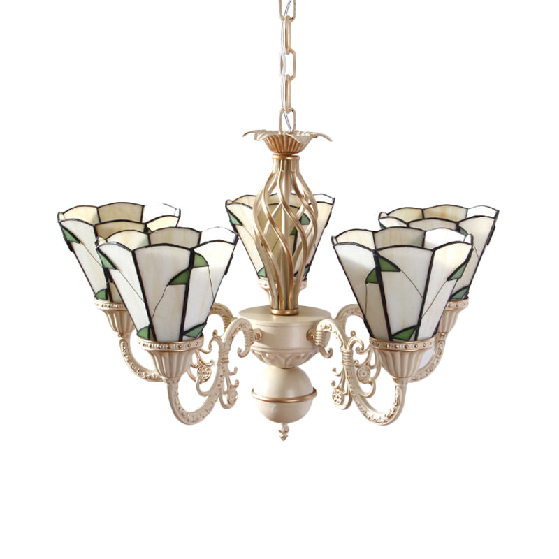 Rustic Green Leaf Chandelier With 5 Beige Glass Lights For Hall Ceiling