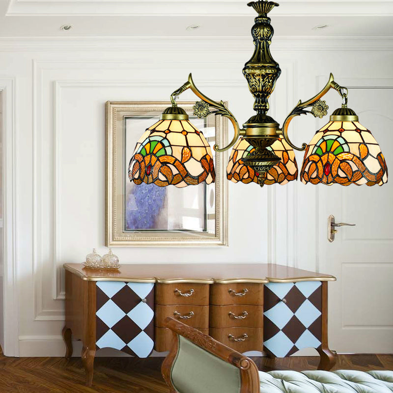 Baroque Style Stained Glass Pendant Lamp With 3 Hanging Lights In Antique Brass