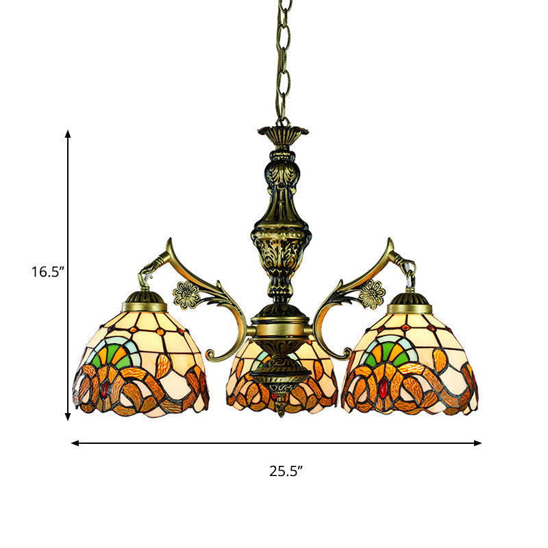 Baroque Style Stained Glass Pendant Lamp With 3 Hanging Lights In Antique Brass