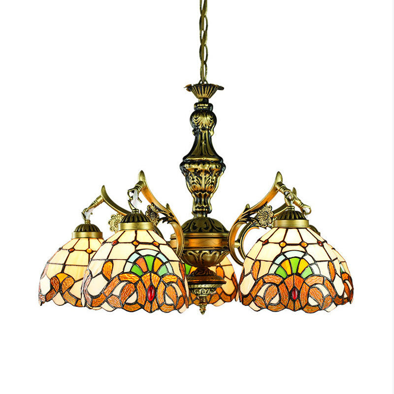 Victorian Stained Glass Dome Chandelier - 5-Light Indoor Lighting for Dining Table