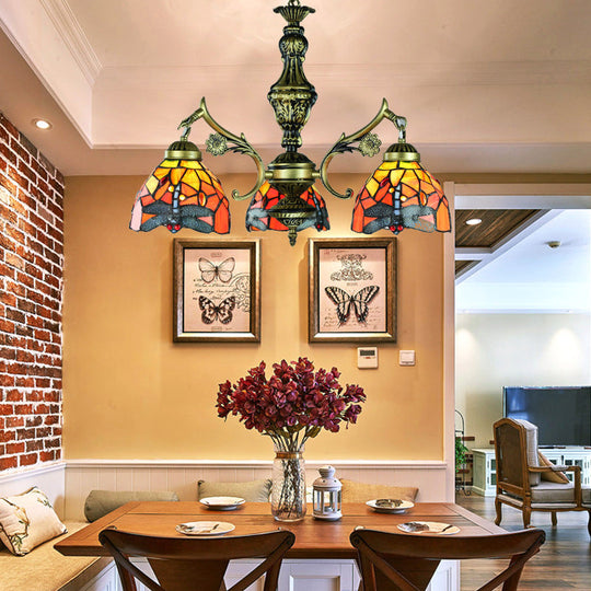 Dragonfly Stained Glass Chandelier with 3 Pendant Lights for Dining Room