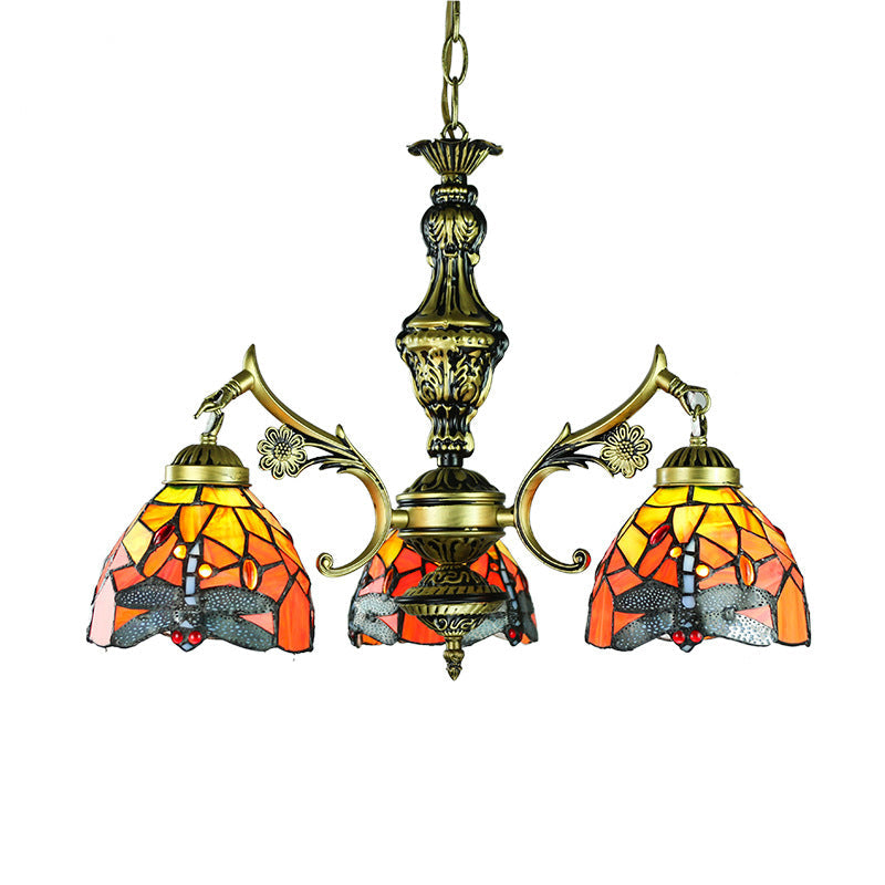 Lodge Dragonfly Stained Glass Chandelier Light 3-Light Pendant For Dining Room