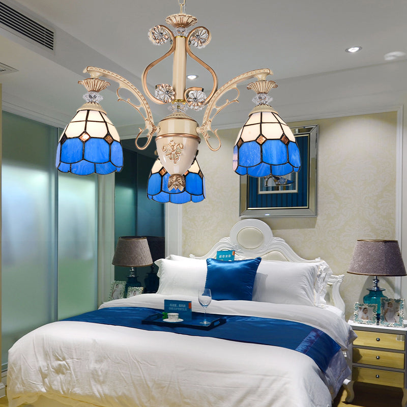 Adjustable Blue Glass Dome Chandelier - 3-Light Pendant Lighting For Foyer