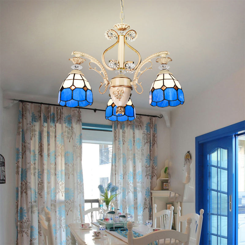 Adjustable Blue Glass Dome Chandelier - 3-Light Pendant Lighting For Foyer