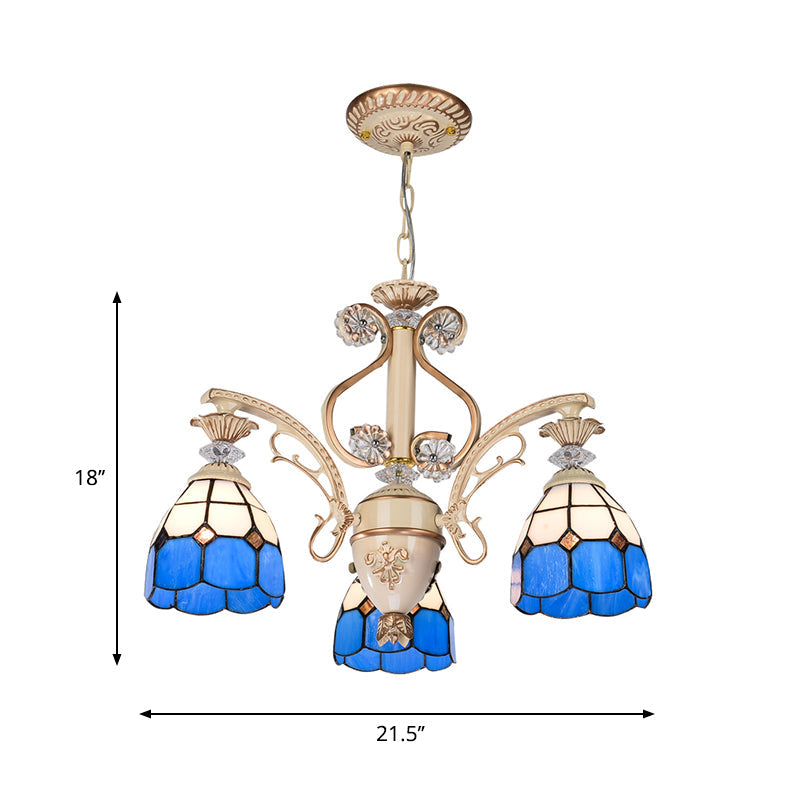 Adjustable 3-Light Blue Glass Dome Chandelier for Foyer Pendant Lighting with Chain