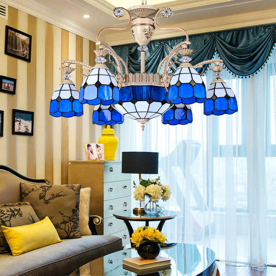 Blue Stained Glass Chandelier with Tiffany Grid Pattern and 9 Lights