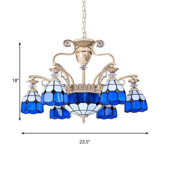 Blue Stained Glass Chandelier with Tiffany Grid Pattern and 9 Lights