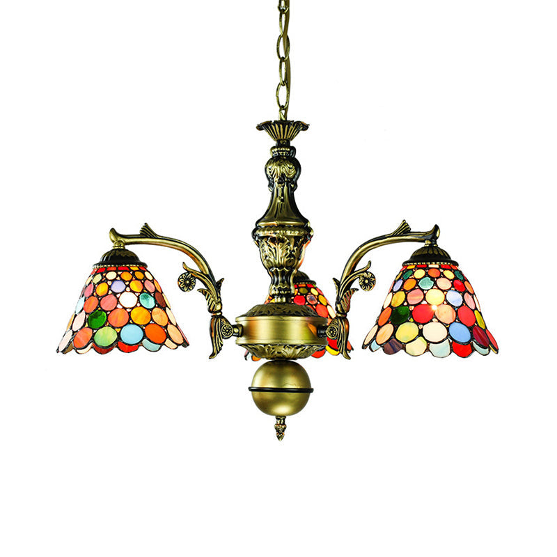 Rustic Stained Glass Pendant Light With Geometric Dragonfly & Sunflower Design - 3-Light Chandelier