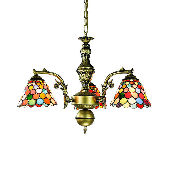 Rustic Stained Glass Pendant Light With Geometric Dragonfly & Sunflower Design - 3-Light Chandelier