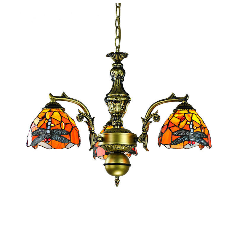 Rustic Stained Glass Pendant Light With Geometric Dragonfly & Sunflower Design - 3-Light Chandelier