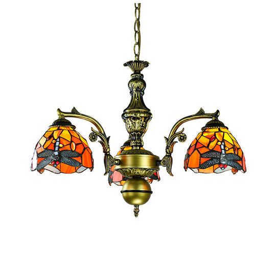 Rustic Stained Glass Pendant Light With Geometric Dragonfly & Sunflower Design - 3-Light Chandelier