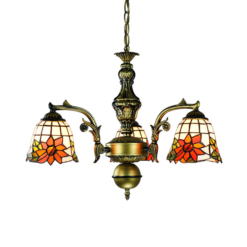 Rustic Stained Glass Pendant Light With Geometric Dragonfly & Sunflower Design - 3-Light Chandelier