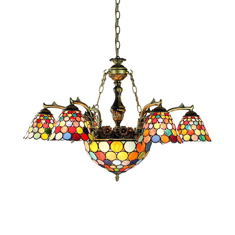 Lustre évasé Tiffany en bronze antique à 11 lumières avec motif géométrique/libellule/tournesol en vitrail