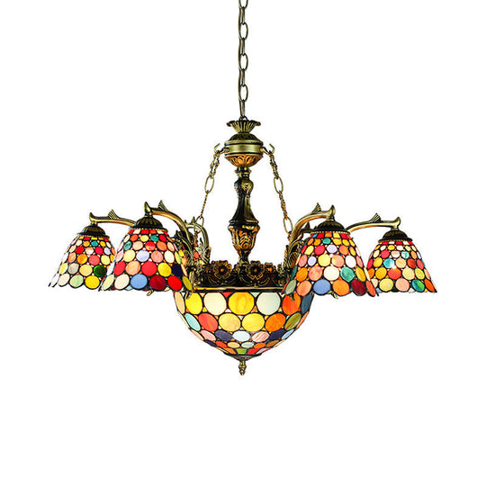 Antique Bronze Tiffany Flared Chandelier - 11-Light Stained Glass Ceiling Light With Geometric