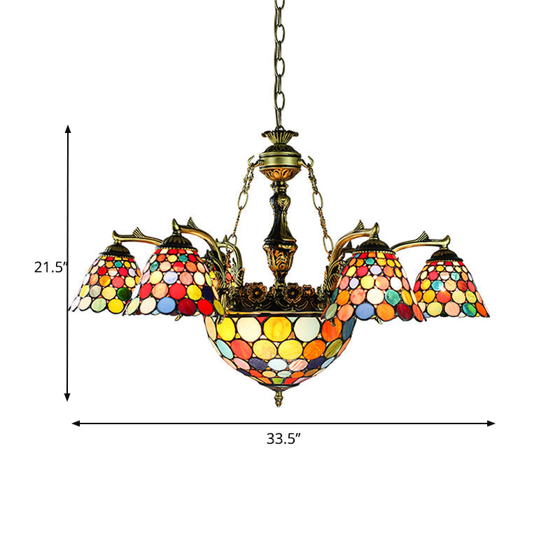 Antique Bronze Tiffany 11-Light Flared Chandelier with Stained Glass Geometric/Dragonfly/Sunflower Pattern