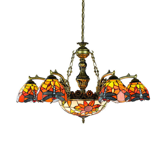 Lustre évasé Tiffany en bronze antique à 11 lumières avec motif géométrique/libellule/tournesol en vitrail