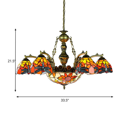 Lustre évasé Tiffany en bronze antique à 11 lumières avec motif géométrique/libellule/tournesol en vitrail