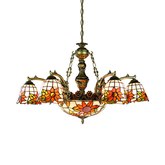 Lustre évasé Tiffany en bronze antique à 11 lumières avec motif géométrique/libellule/tournesol en vitrail