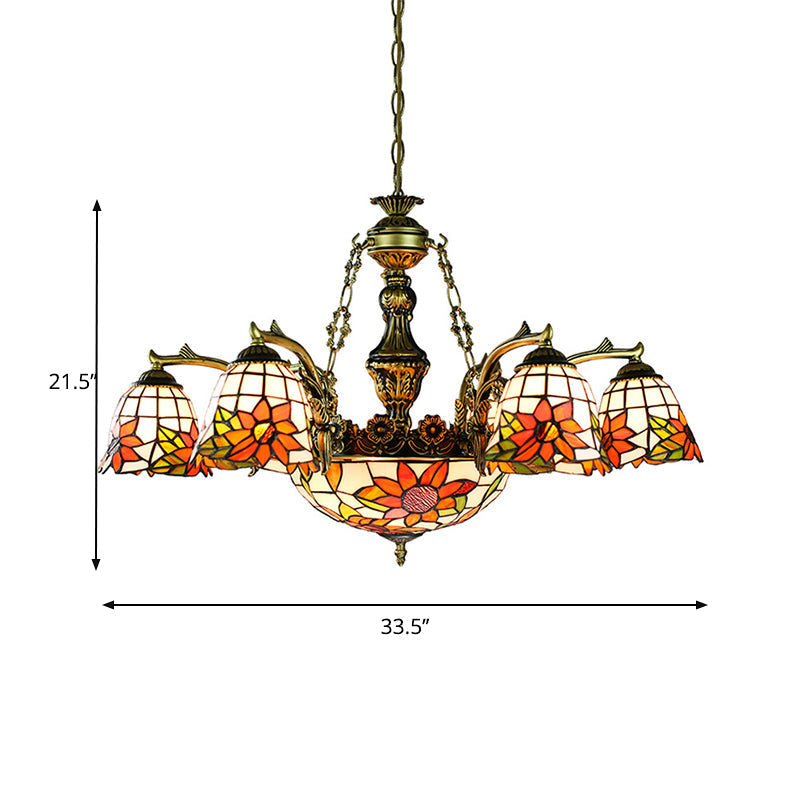 Lustre évasé Tiffany en bronze antique à 11 lumières avec motif géométrique/libellule/tournesol en vitrail