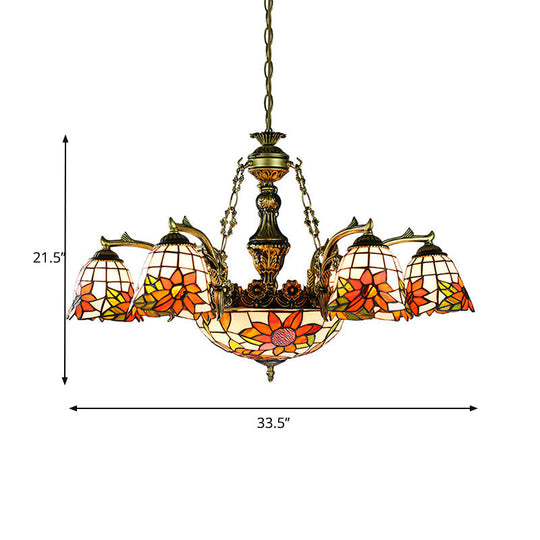 Lustre évasé Tiffany en bronze antique à 11 lumières avec motif géométrique/libellule/tournesol en vitrail