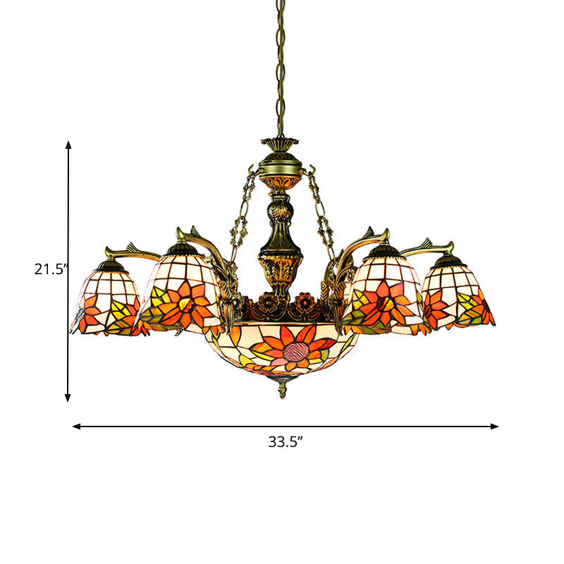 Antique Bronze Tiffany Flared Chandelier - 11-Light Stained Glass Ceiling Light With Geometric