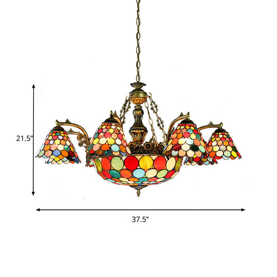 Antique Bronze Hanging Light Tiffany Chandelier With Stained Glass And Iconic Patterns - 11 Lights