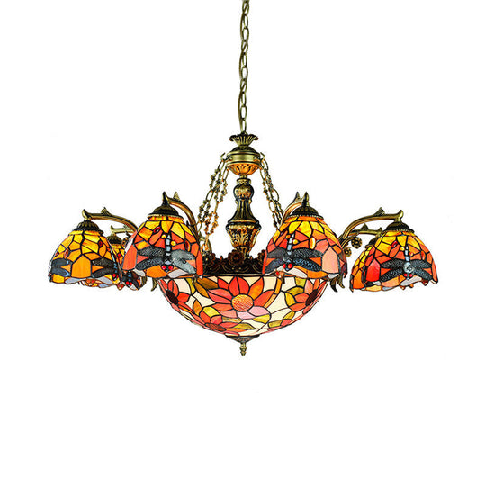 Antique Bronze Hanging Light Tiffany Chandelier With Stained Glass And Iconic Patterns - 11 Lights