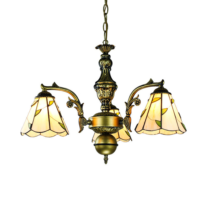 Rustic Vintage Cone Chandelier: Leaf Pattern 3 Lights Beige Glass Suspension