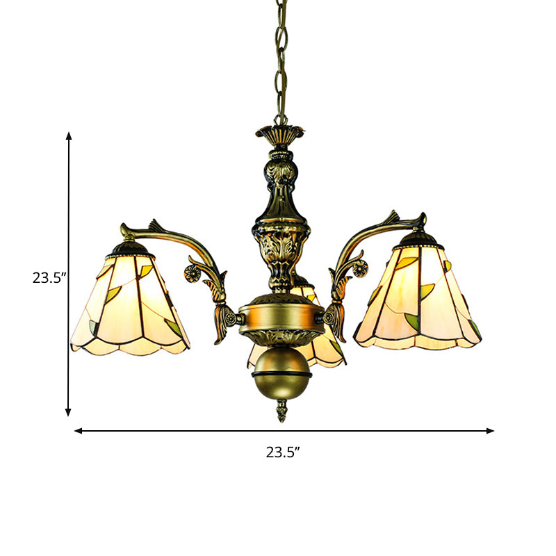 Rustic Cone Chandelier with Leaf Pattern - 3 Beige Glass Lights