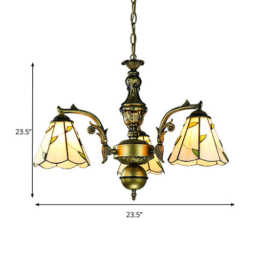 Rustic Vintage Cone Chandelier: Leaf Pattern 3 Lights Beige Glass Suspension