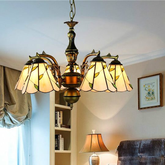 Rustic Beige Chandelier with Curved Arms, Leaf Glass, and 5 Pendant Lights on Hanging Chain