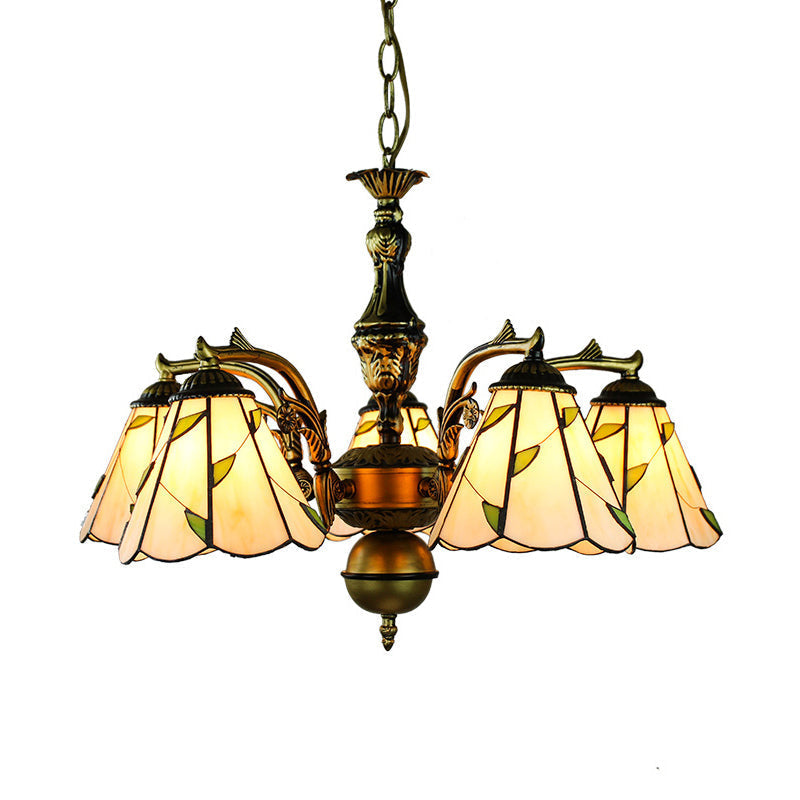 Rustic Beige Chandelier with Curved Arms, Leaf Glass, and 5 Pendant Lights on Hanging Chain