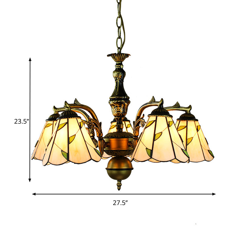 Rustic Curved Arm Chandelier With Leaf Glass: Beige Pendant Lamp (5 Lights)