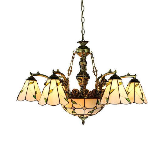 Tiffany Stained Glass Chandelier - 9/11 Lights, Beige with Leaf Pattern