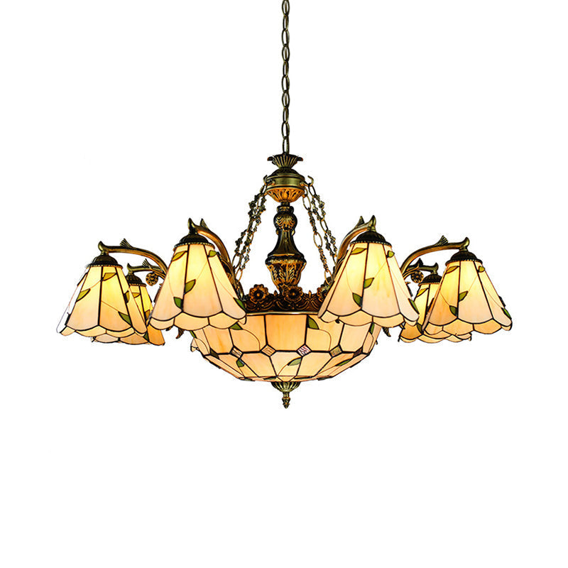 Stained Glass Conical Chandelier - Tiffany Style 9/11 Light Fixture With Leaf Pattern Beige Down