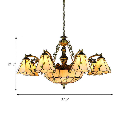 Stained Glass Conical Chandelier - Tiffany Style 9/11 Light Fixture With Leaf Pattern Beige Down