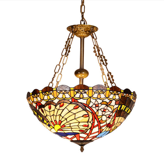 Victorian Stained Glass Bowl Chandelier with 3 Bulbs - Multi Color Pendant Light