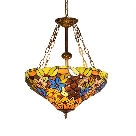 Antique Brass Stained Glass Tiffany Lodge Ceiling Chandelier with Floral Hanging Light Fixture - 3 Bulbs