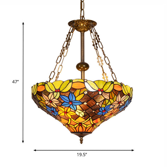 Antique Brass Stained Glass Tiffany Lodge Ceiling Chandelier with Floral Hanging Light Fixture - 3 Bulbs