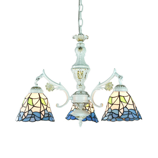 Blue Stained Glass Pendant Chandelier: Traditional Indoor Lighting With Floral & Geometric Patterns