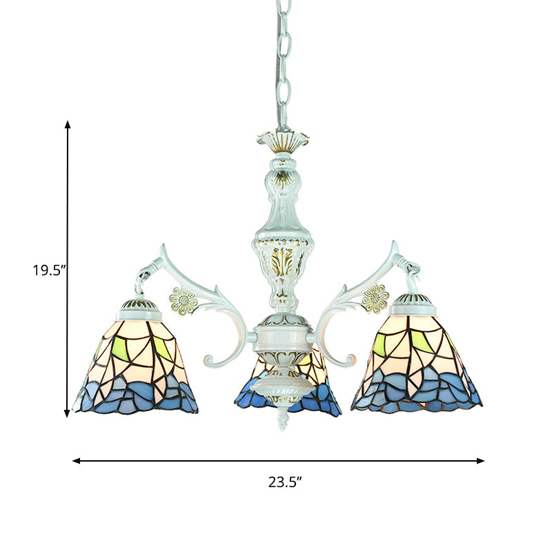 Blue Stained Glass Pendant Chandelier: Traditional Indoor Lighting With Floral & Geometric Patterns